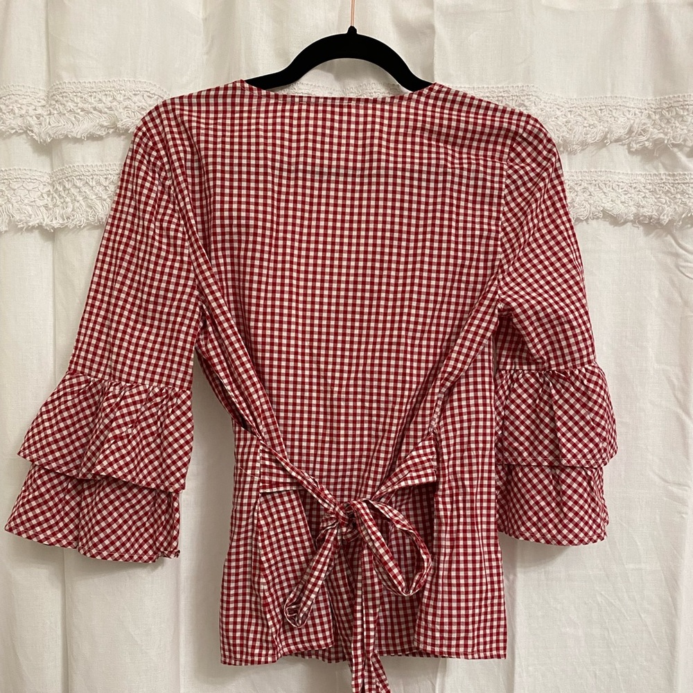 Red Gingham Ruffle Sleeve Blouse - Picture 2 of 5